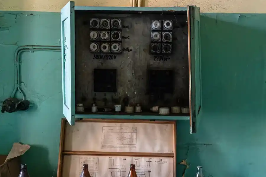Szafa elektryczna z bezpiecznikami w industrialnym wn trzu elektrociep owni