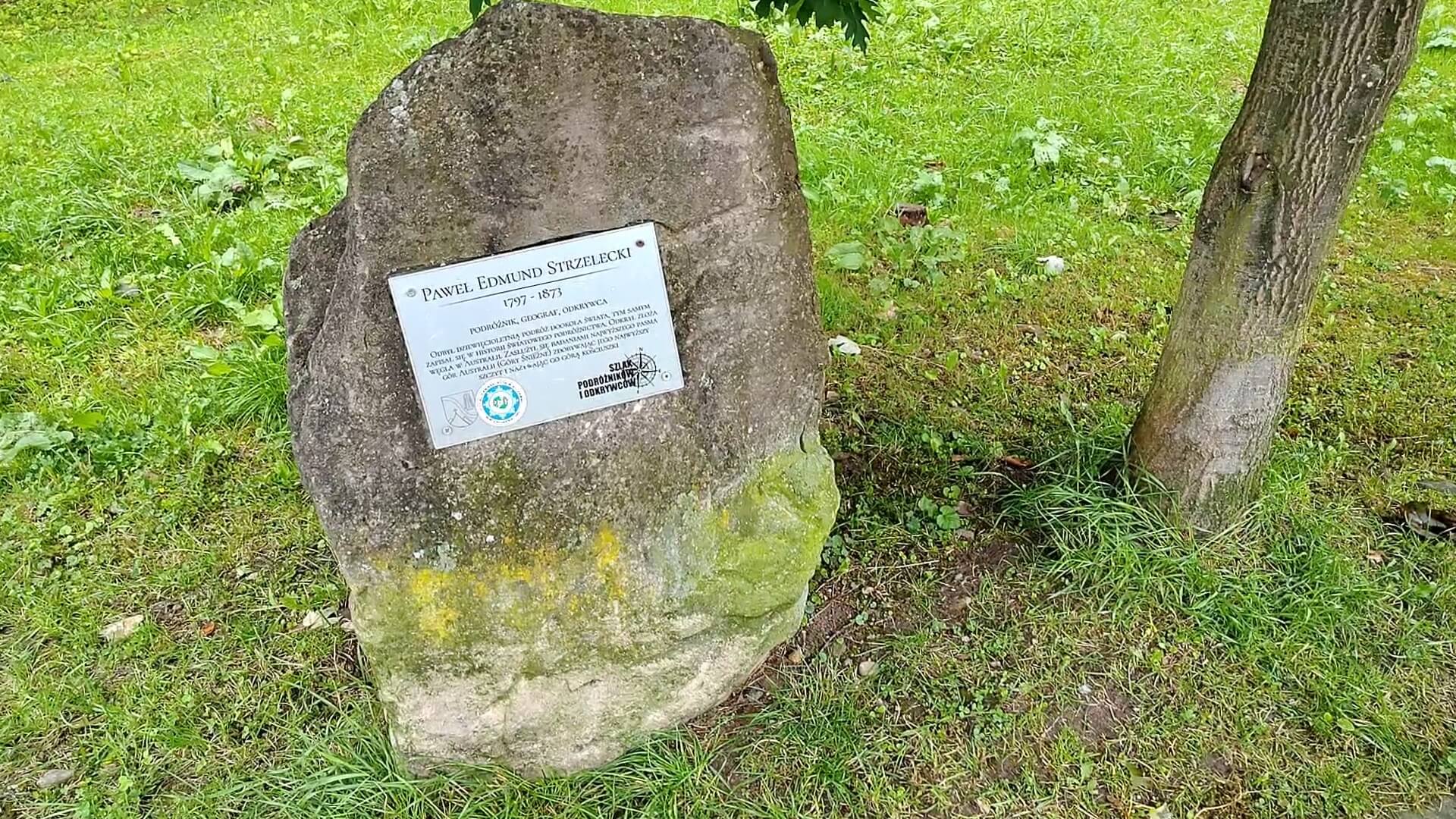 Głaz z tablicą Pawła Edmunda Strzeleckiego na Szlaku Podróżników i Odkrywców w Szczawnicy